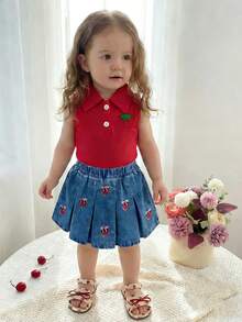 女婴针织樱桃领背心搭配牛仔樱桃刺绣百褶裙套装，时尚甜美可爱童装 - 紅色 - 查看 5