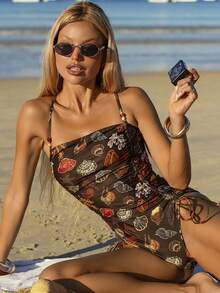 Swim Vcay 女士夏季海星随机印花抹胸侧抽绳连体泳衣，适合海滩和度假 - 彩色 - 查看 7