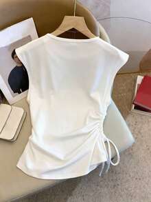 Resyla Women's Casual Scoop Neck Solid Color Cinched Waist T-Shirt - White - View 2