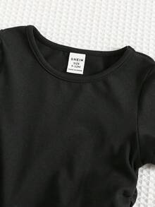 Bubblio 2pcs Baby Girl Solid Color Knit Crew Neck T-Shirt And Fitted Denim Effect Casual Pants Set Toddler Flare Bell Bottoms Outfit - Black - View 10