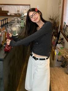 DAZY 女士圆领条纹韩版休闲长袖T恤，春秋季 - 深灰色 - 查看 2