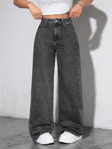 SHEIN ICON 大码女式松紧腰复古浅蓝色直筒牛仔裤 - 深灰色 - 查看 3