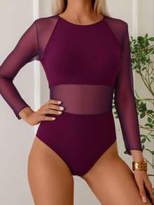 SHEIN Swim 女士纯色圆领插肩袖修身网纱拼接连体泳衣，网纱拼接连体泳衣，长袖连体泳衣，酒红色性感连体泳衣，酒红色网纱连体泳衣，紫色网纱连体泳衣，长袖泳装，女士带袖泳衣 - 酒紅色 - 查看 4