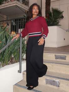 Tyla Gomez Color Block V-Neck Casual Women Sweater,Long Sleeve Tops Fall - Burgundy - View 4