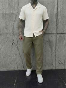 HIMLAND 男士多色休闲简约撞色短袖提花衬衫长裤套装，带口袋，男士度假装，男士提花衬衫套装，男士两件套，男士休闲套装，男士衬衫长裤套装 - 彩色 - 查看 10