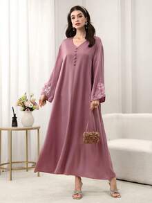 Al Najma 女士春夏粉色梭织真丝醋酸纤维缎面纽扣前开襟长袖蝴蝶花卉优雅阿拉伯连衣裙 - 粉色 - 查看 5