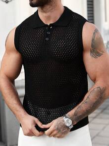 Manfinity Homme Men's Summer Fashionable Casual Hollow-Out Knit Vest Men Polo Shirts Knit Shirt Men Men Golf Shirt Men S Clothing Online Summer Wear For Men Men Mesh Top Fishnet Shirt Men Men Crochet Top Mens Muscle Shirt Mesh Men Top - Black - View 5