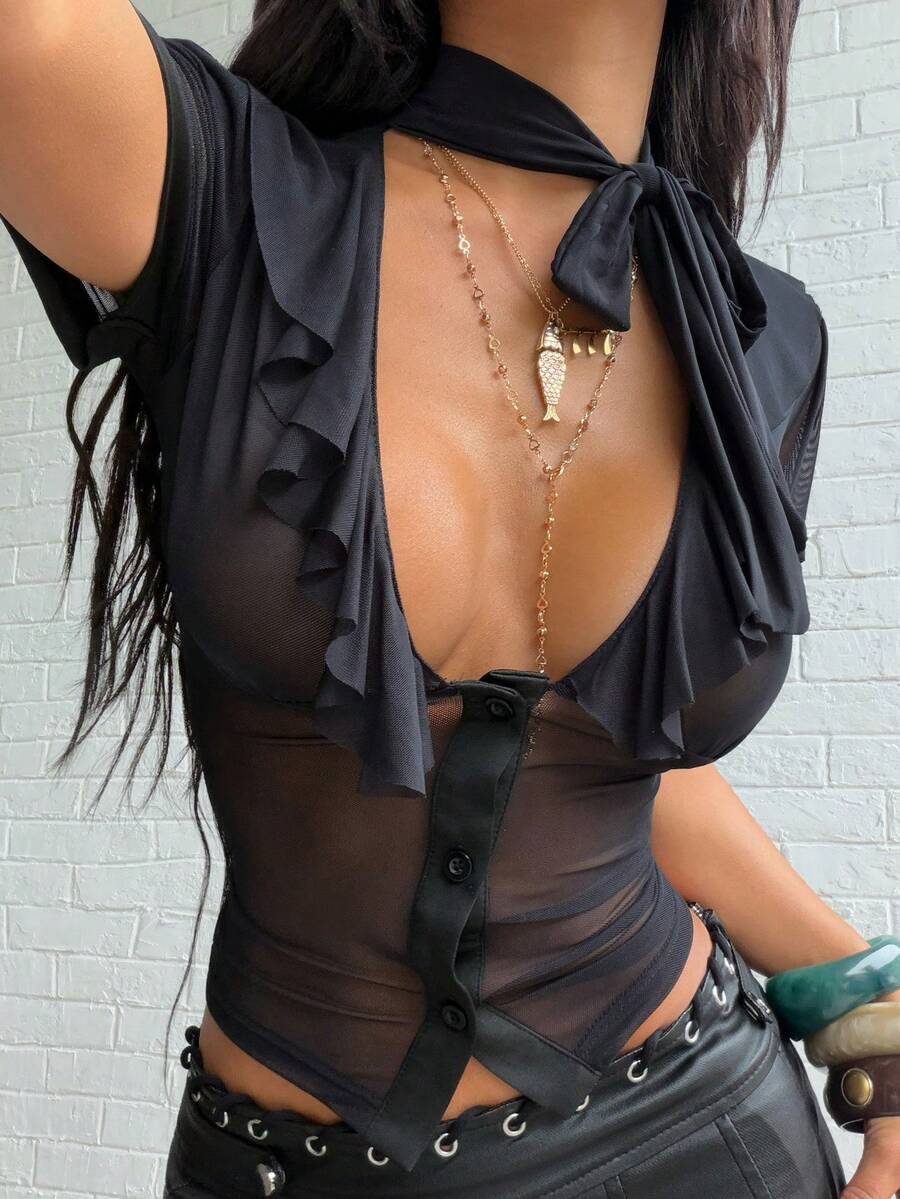 Jeanoix Women's Sexy Deep V-Neck Elastic Mesh Fitted Blouse - Black - View 1