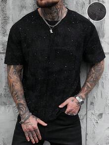 SLATEMANN Men's Shiny Casual Round Neck Short Sleeve T-Shirt Men Tee Shirts Rhinestone Mens Sparkly T-Shirt Star Shirt Mens Goth Tshirts Black Rhinestone T-Shirt Streetwear Men Y-Shirt Mens Drop Shoulder Tee Streetwear Men T-Shirt Rhinestone Clothes Men Distressed Tshirt - Black - View 3