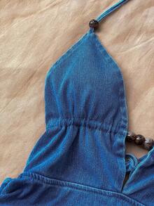 Soleia 女士休闲露背吊带牛仔连衣裙，适合度假 - 中等水洗藍 - 查看 4