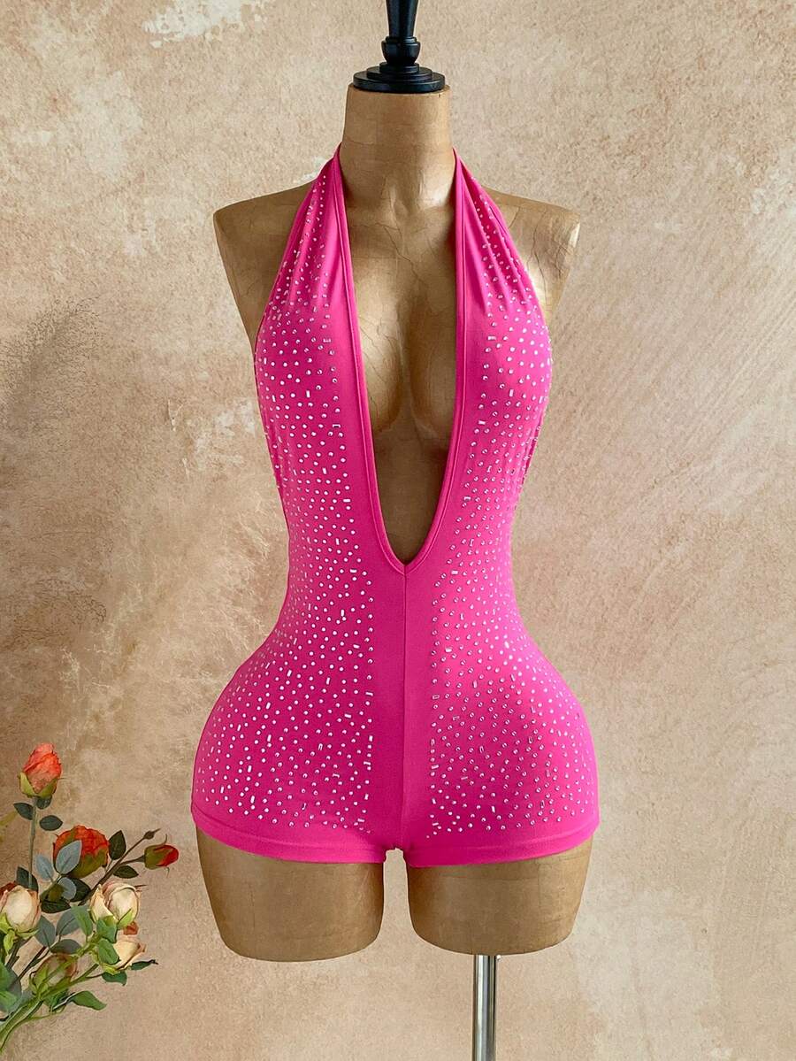 Soleia 女士度假白色针织纹理波浪图案深V领露背性感连体衣，时尚修身，适合派对、约会、下午茶、波西米亚风度假、海滩、夏季穿着 - 粉色 - 查看 1