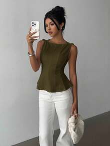 Aloruh 女士优雅无袖通勤衬衫，简约设计 - 軍綠色 - 查看 6