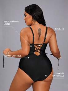 Shapewave 大码优雅显瘦黑色连体泳衣，露背沙滩度假泳装，黑色大码泳衣，大码连体泳衣，女士连体泳衣 - 黑色 - 查看 2