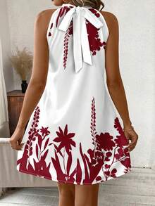 SHEIN Clasi Đầm cổ yếm in họa tiết cây cỏ dành cho nữ, thích hợp cho kỳ nghỉ. - Đỏ và trắng - Xem 2