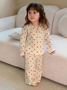 DAZY 女婴爱心印花纽扣长袖上衣和裤子睡衣套装 - 白色 - 查看 3