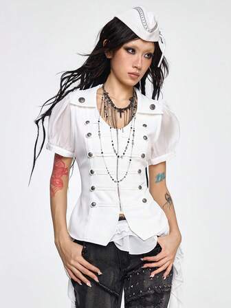 Grunge Punk Steampunk Military Sailor Double-Breasted Mesh Patchwork Women Top