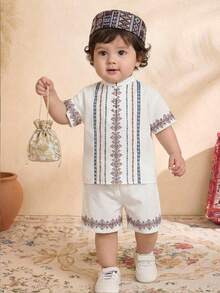 SHEIN 2pcs Baby Boys Vintage Floral Print Mandarin Collar Short Sleeve Shirt And Shorts Set, Spring/Summer - White - View 1