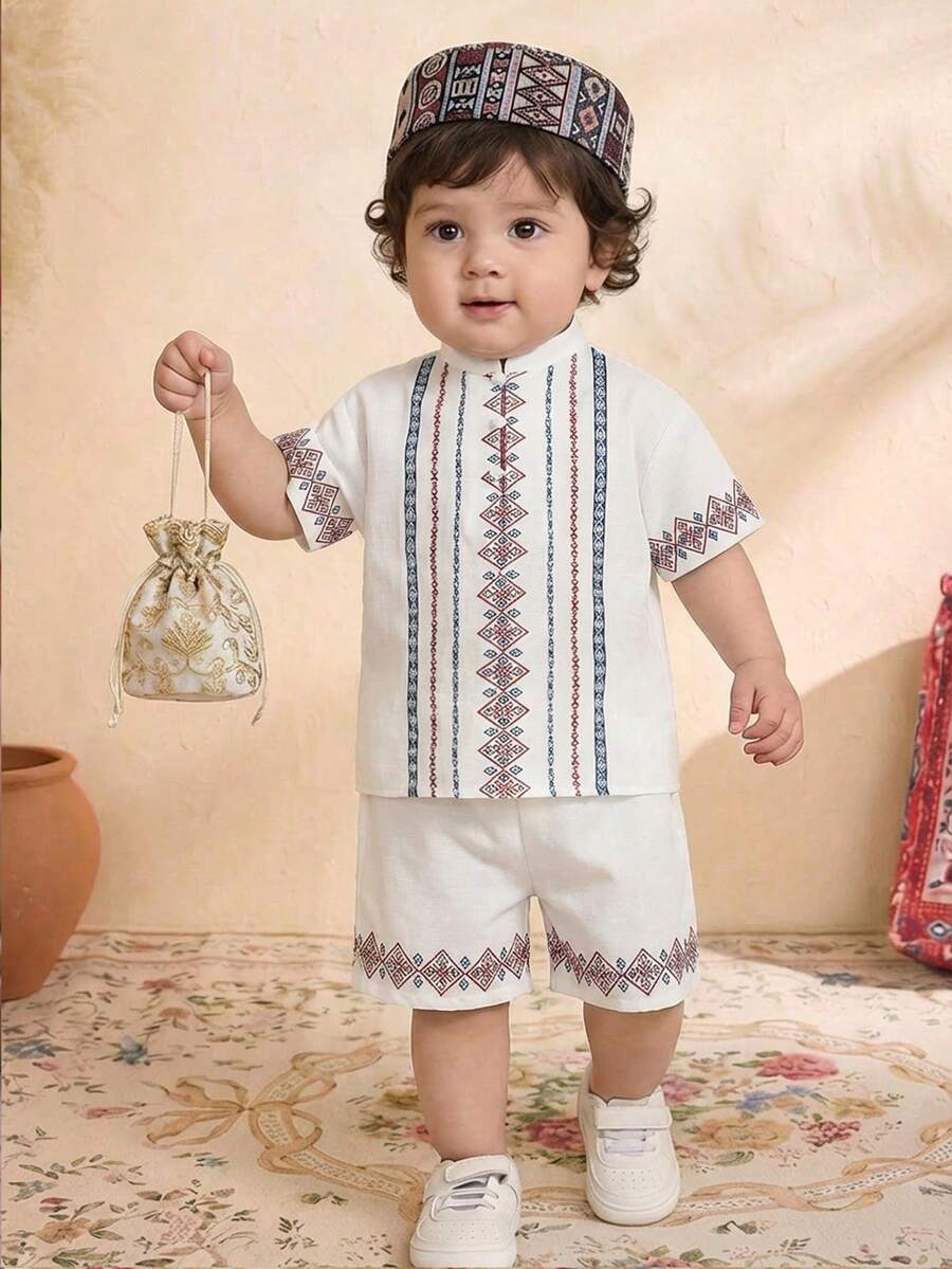 SHEIN 2pcs Baby Boys Vintage Floral Print Mandarin Collar Short Sleeve Shirt And Shorts Set, Spring/Summer - White - View 1