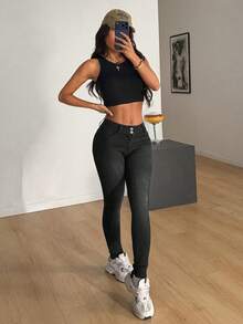 SHEIN PETITE PETITE Summer And Spring Women's Slim Fit High Stretch Casual Going Out Black Jeans - Black - View 5