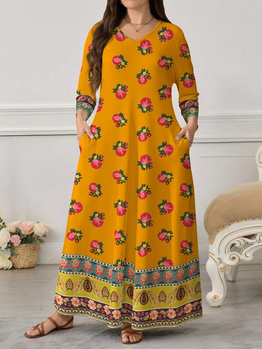 Lacomfia Women's Paisley, Geometric & Ditsy Floral V-Neck Long Sleeve Dress With Pockets, Flared Hem, Spring/Summer - Multicolor - View 1