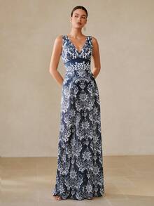 Swim Oasis 1pc Women V-Neck Floral Print Jumpsuit - Navy Blue - View 5