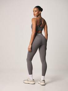 Missguided x Playboy High Waisted Cross Over Waist Full Length Fitted Sports Leggings With Small Logo Print For Active Lifestyle Workout Training Exercise - Grey - View 2