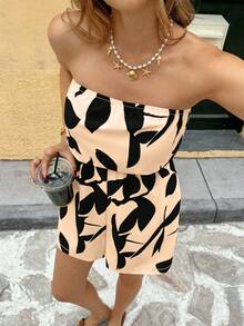 Breezaya Bộ áo liền quần quây ngực in họa tiết lá dành cho nữ - Màu be - Xem 4