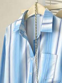INAWLY Women's Casual Striped Print Shirt, Spring/Autumn - Blue - View 3