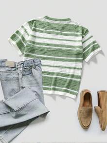 Manfinity LEGND 男士夏季休闲度假条纹镂空针织短袖毛衣 - 綠色 - 查看 9