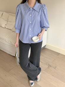 Teen Girls Blue & White Striped Collared Loose Lantern Sleeve Blouse, Casual Sweet Style For Spring, Summer, Autumn Blouses Teen Preppy Shirt Striped Shirt Collar Shirt Striped Blue Shirt Girl Collar Shirt - Blue and White - View 7