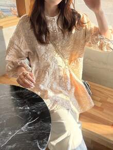 FRIFUL Women's Loose Fit Textured Fabric Open Front Casual Shirt - Apricot - View 4