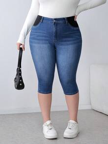 SHEIN PETITE CURVE 春夏大码纯色休闲牛仔裤 - 深色水洗藍 - 查看 6