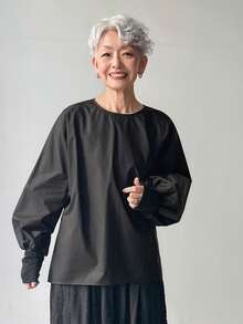 FRIFUL Women's Loose Casual Solid Color Round Neck Cuff Hem Blouse, Versatile For Spring And Summer - Black - View 6