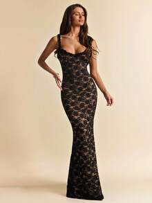 SHEIN BAE 黑色蕾丝碎花吊带连体连衣裙，优雅蕾丝连衣裙，适合派对和聚会 - 黑色 - 查看 4