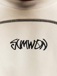 SUMWON Oversized Short Sleeve Crew Neck T-Shirt With Large Circular Contrast Stitching And Text Print - Apricot - View 6