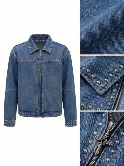 Street Life Chaqueta vaquera casual de hombre con cremallera frontal y remaches, de hombros caídos