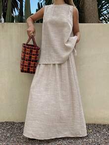 DAZY Spring/Summer Elegant Casual Vacation Beach Sleeveless Top And Skirt Set, Romantic, Wedding, Commute, Old Money Style For Women Lounge Sets For Women - Khaki - View 2