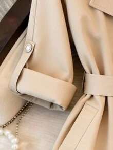 GlowEve Fashionable Lapel Raglan Sleeve Trench Coat With Tie Waist And Metal Buttons, Elegant Commuter Jacket, Khaki, Spring/Autumn New Style Midi Windbreaker
