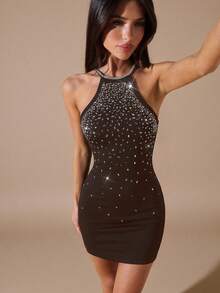 SHEIN BAE 黑色水钻装饰紧身迷你连衣裙，水钻装饰魅力派对礼服，秋季连衣裙，适合夜店、外出、秋季女装、复古风格、派对、鸡尾酒会、正式场合，黑色连衣裙，生日迷你连衣裙 - 咖啡棕 - 查看 6