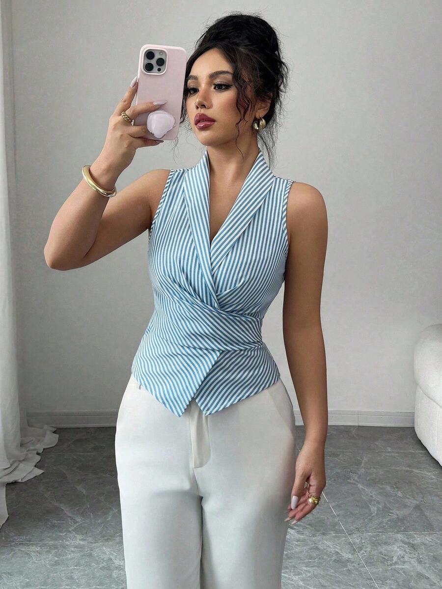 Elenzga Áo kiểu nữ không tay cổ chữ V thắt nơ eo, thanh lịch và quyến rũ. - Màu xanh ngọc - Xem 1