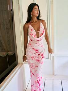 Opulessa Women's Fashion Sexy Tie-Dye Print Plunging Neck Backless Dress,Spring To Summer, Valentine's Day, Carnival Costume, Elegant Dresses For Party, Beach Outfit, Wedding Guest Dresses, Summer Vacation Outfits,  Floral Dress - Pink - View 5