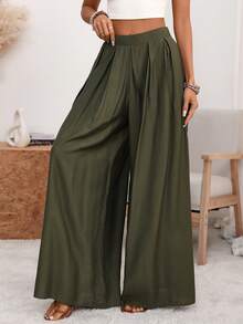 Wandoria Quần ống rộng cạp cao xếp ly có túi màu xanh quân đội dáng suông dành cho nữ, kiểu dáng thanh lịch cổ điển Pháp lãng mạn tối giản, phù hợp cho công sở, đi làm, kinh doanh, thường ngày, đi biển, mùa xuân/hè. - xanh quân đội - Xem 6