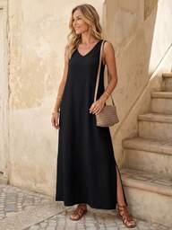 EMERY ROSE Vestido kaki para mujer sin mangas con textura de tela, cuello en V y abertura en la falda