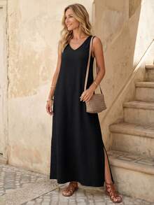 EMERY ROSE 卡其色紋理面料無袖V領開叉女裝連衣裙