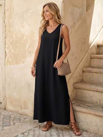 EMERY ROSE Khaki Textured Fabric Sleeveless V-Neck Slit Women's Dress