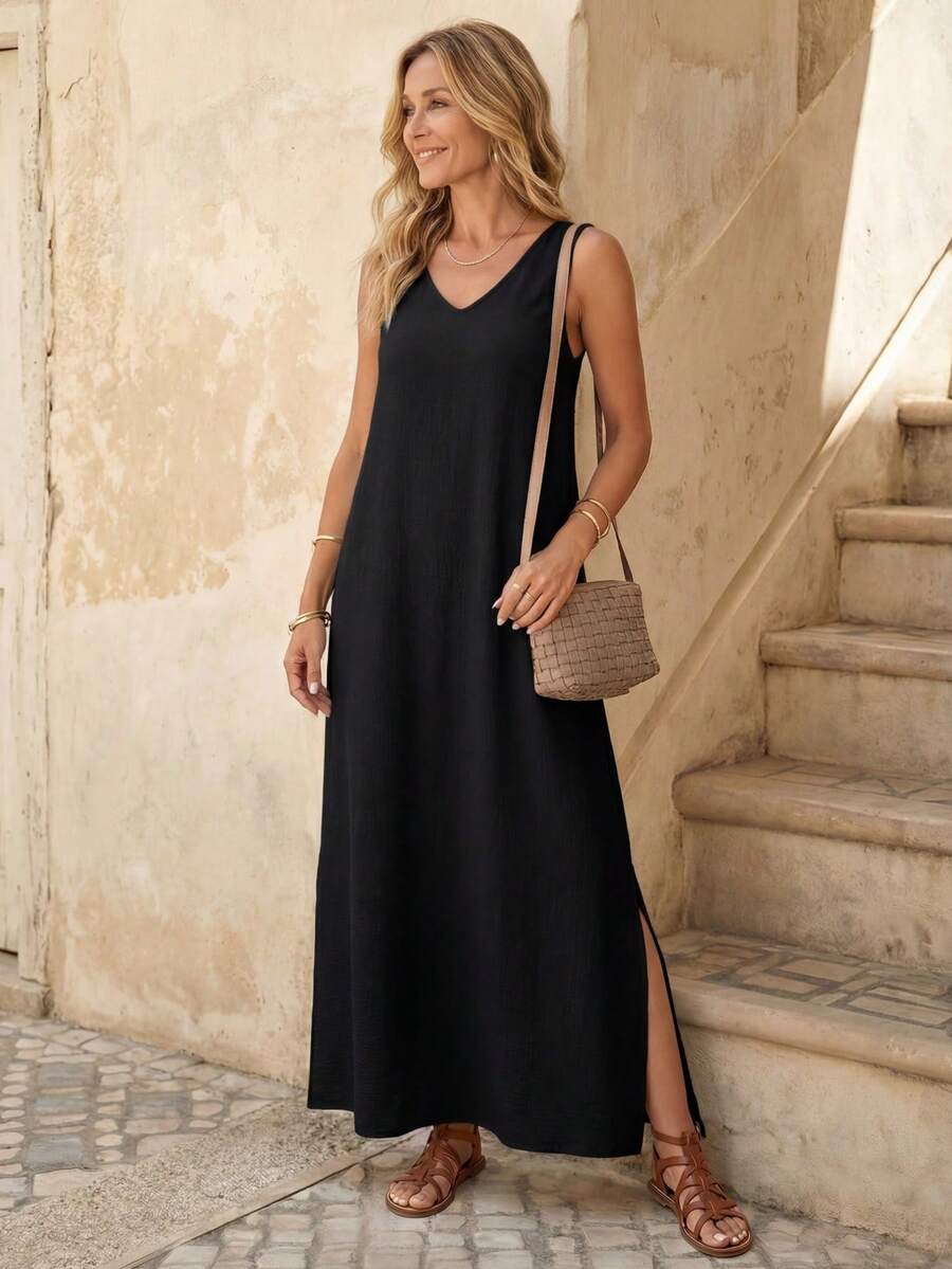 EMERY ROSE 卡其色紋理面料無袖V領開叉女裝連衣裙