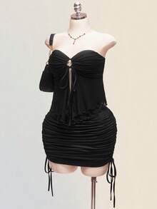 SHEIN ICON Plus-Size Women's Retro Y2K Black Summer 70's Night Out Club Party Hollowed-Out Drawstring Mesh Strapless Top&Slim Pencil Skirt Set,Valentine's Day - Black - View 1
