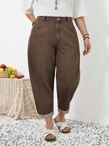 SHEIN CURVE+ 大码休闲水洗高腰锥形牛仔裤，春夏情人节嘉年华服装通勤度假毕业时尚Y2K可爱街头风派对婚礼优雅商务休闲女装大码棕色牛仔裤，松紧腰舒适宽松牛仔裤 - 棕色 - 查看 3