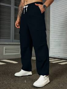 Manfinity Homme Quần dài nam cỡ lớn, màu trơn, cạp chun, dáng rộng, ống rộng, đa năng, thích hợp mặc hàng ngày. - Màu xanh hải quân - Xem 4