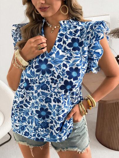 Ceyna Plus Size Women's New V-Neck Cap Sleeve Chinoiserie Print Casual Elegant Blouse, Spring/Summer